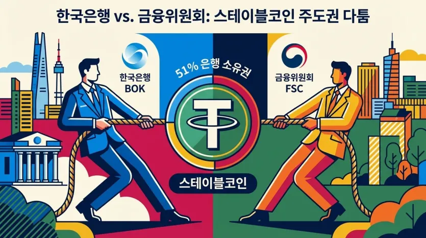 한국은행과 금융위, 스테이블코인 규제 주도권 다툼 일러스트