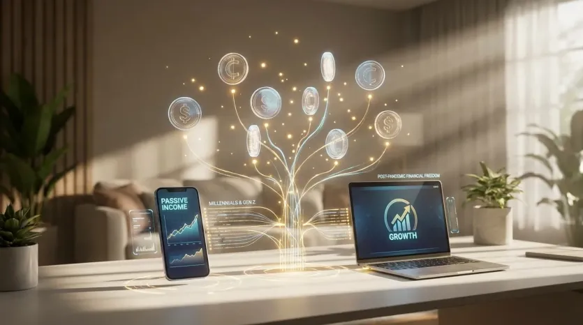 패시브인컴: 돈나무, 노트북과 폰의 성장 그래프 (3D 렌더링)