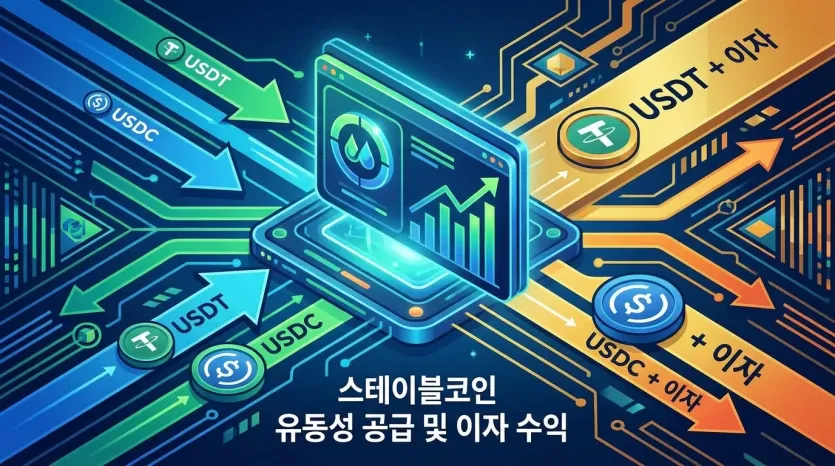 USDC/USDT 스테이킹, 3D 렌더링, 패시브 인컴 콘셉트