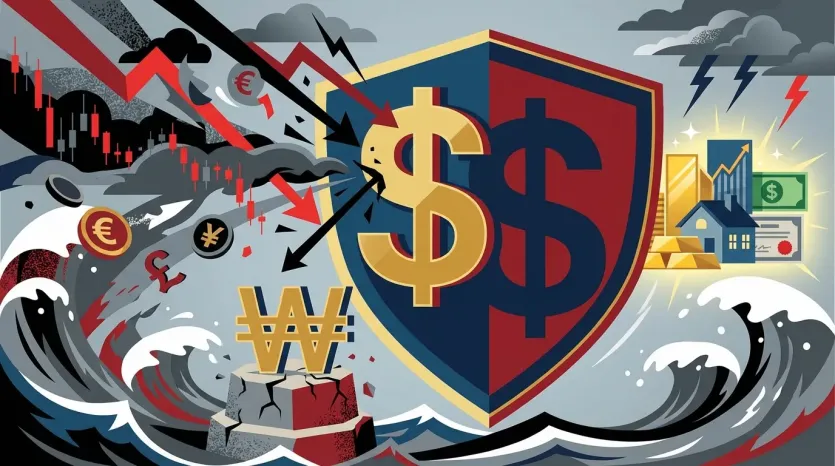 달러 방패 일러스트: 투자 보호, 불안정한 시장 속 안전 자산