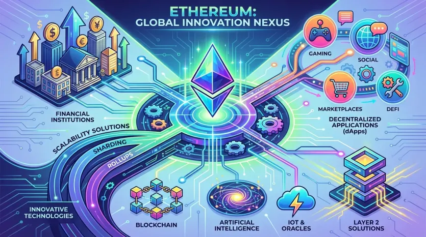 월가 이더리움 관련, 금융, 기술 연결된 이더리움 생태계 3D 일러스트