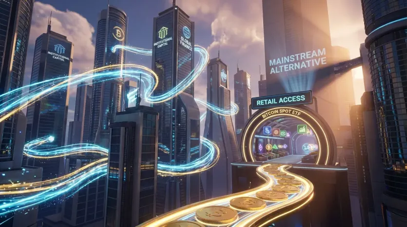 클래리티 법안: 비트코인 ETF, 도시 배경의 3D 렌더링