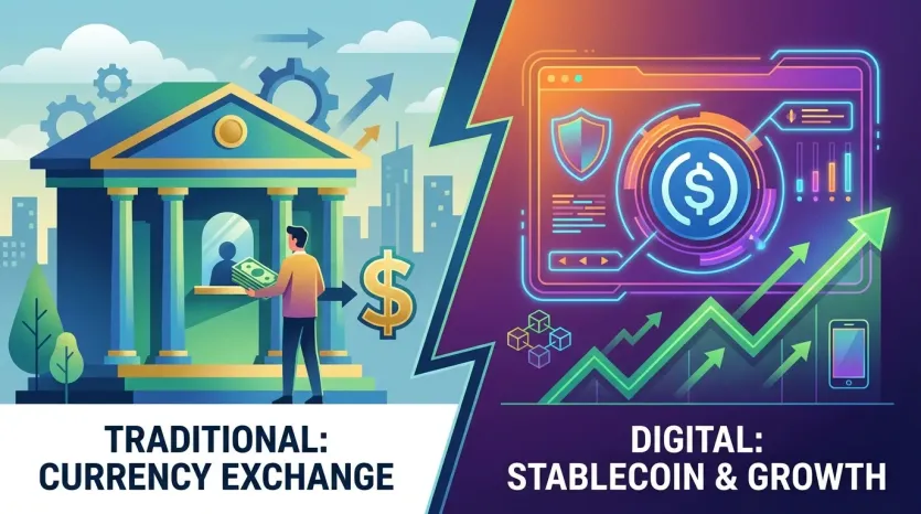 전통적 환전 vs 디지털 스테이블코인, 외환위기 대처 삽화