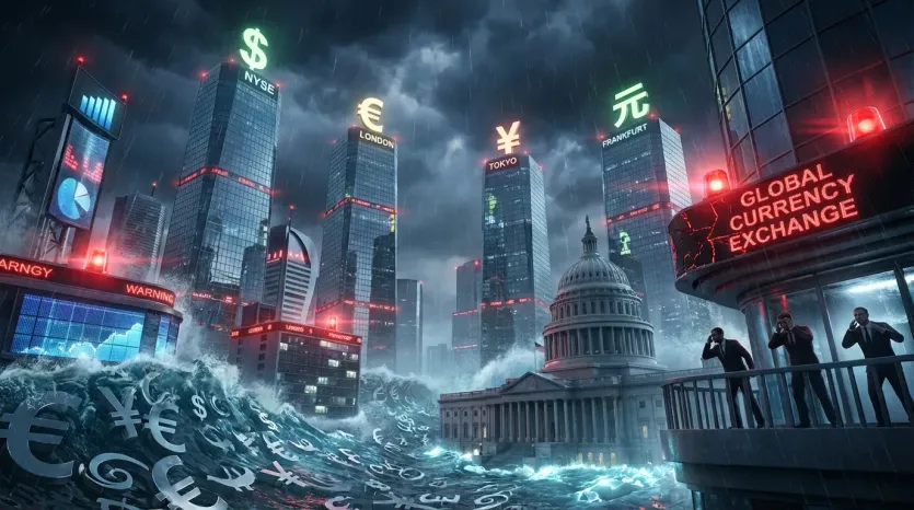 외환위기 3D 렌더링: 도시가 통화 기호 파도에 휩싸임