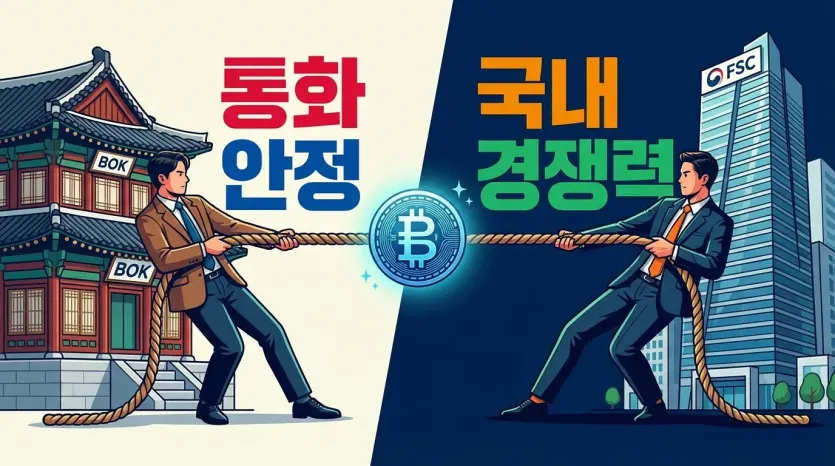 한국은행 vs 금융위원회, 스테이블코인 입법 줄다리기 일러스트