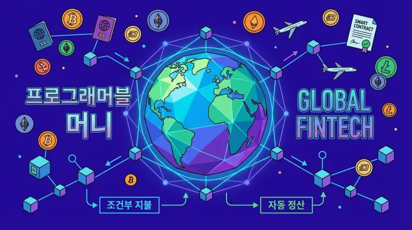 지구, 암호화폐, 블록체인 연결 이미지. 스테이블 코인 입법 관련.