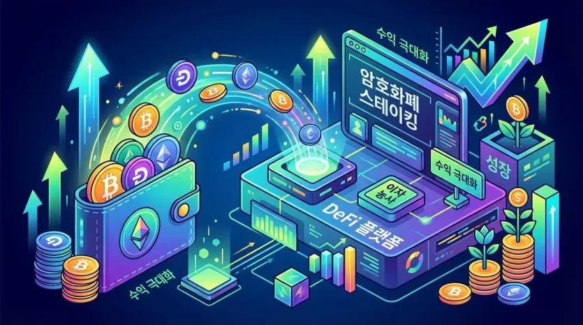 달러 스테이블 코인 투자: 3D 일러스트, 암호화폐, DeFi 플랫폼, 성장 그래프